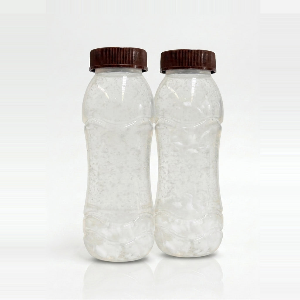 Two PP bottles of PrimeCoco packaged coconut water with fine tender coconut meat suspended through the water