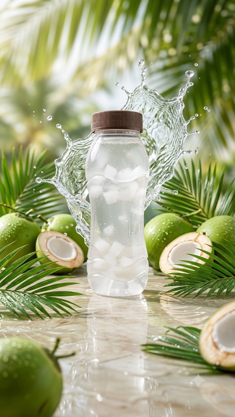 PrimeCoco packaged coconut water with nata de coco — clear PET bottle of coconut water with firm white nata de coco cubes, shown with fresh tender green coconuts